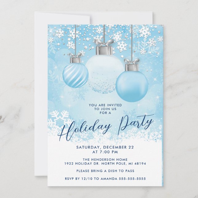 Invitation Fête de Noël de l'ornement du flocon de neige bleu (Devant)