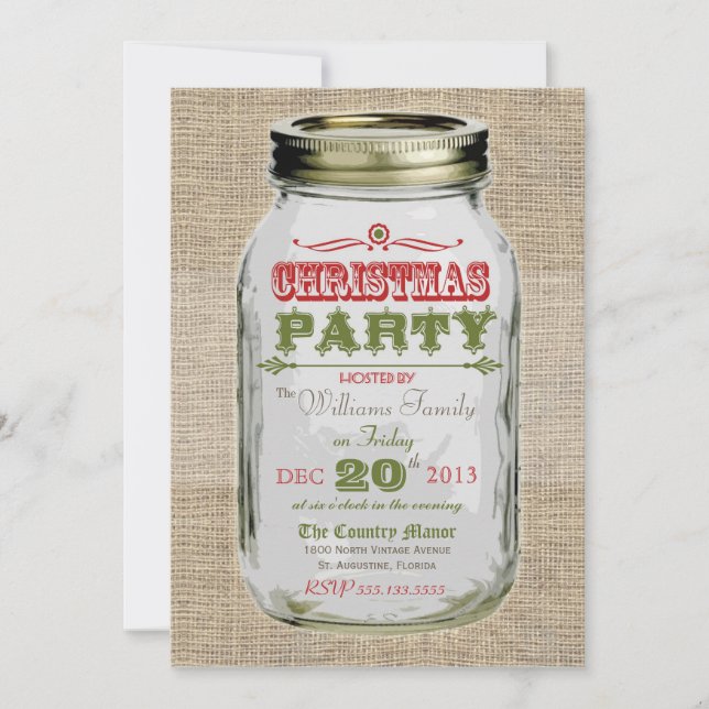 Invitation Fête de Noël de Mason Jar Rustic (Devant)