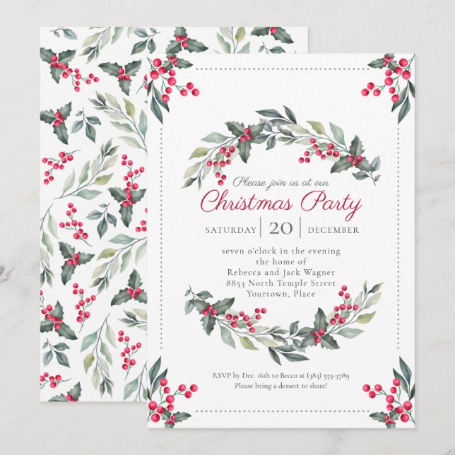 Invitation Fête de Noël de Mistletoe et Holly (Devant / Derrière)