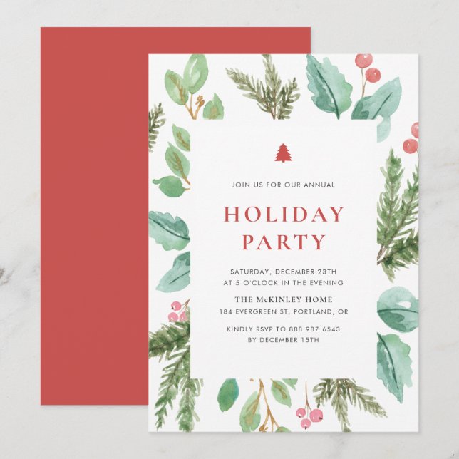 Invitation Fête de Noël de Noël de l'aquarelle (Devant / Derrière)