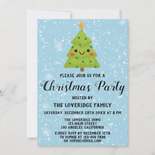 Invitation Fête de Noël de Noël Vert Arbre Bleu Neige
