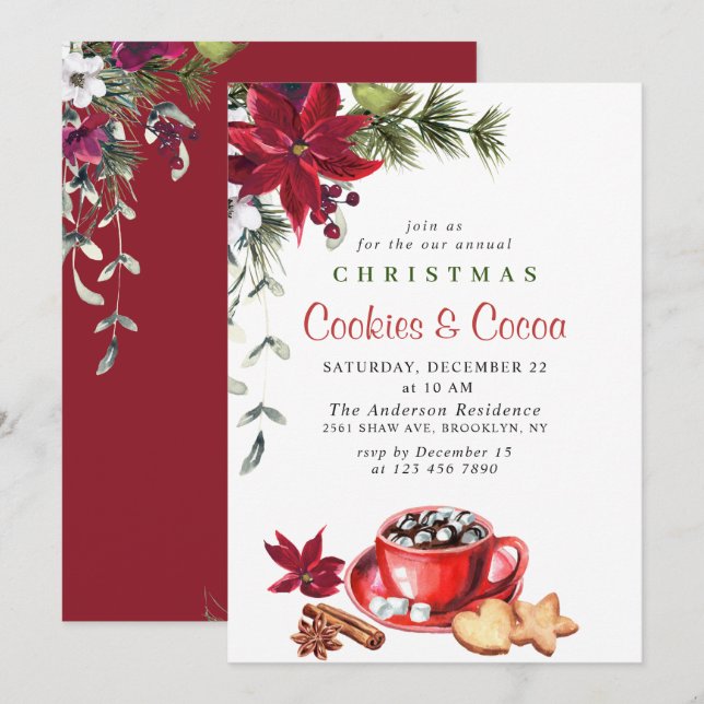 Invitation Fête de Noël de Poinsettia Cookies et cacao (Devant / Derrière)