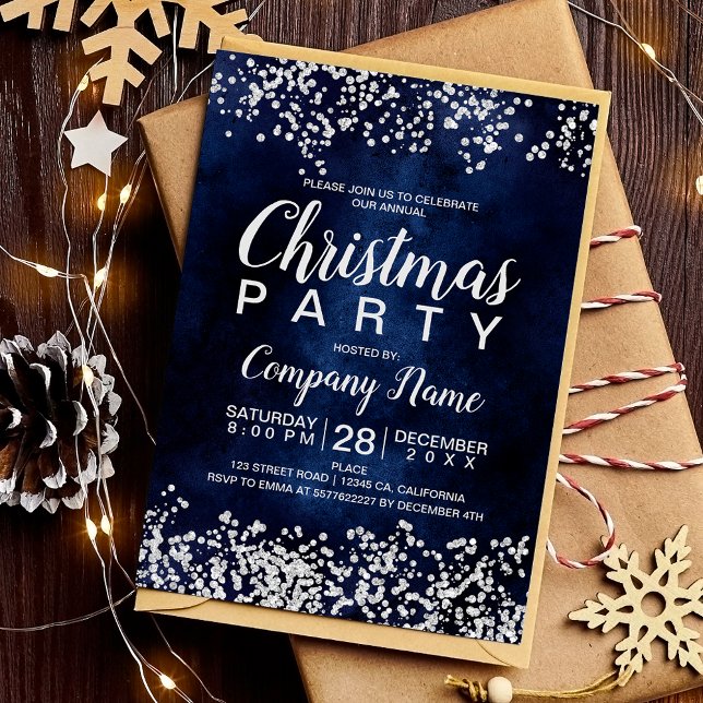 Invitation Fête de Noël d'entreprise bleu argent (Silver glitter navy blue corporate Christmas party Invitation)