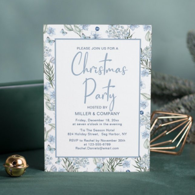 Invitation Fête de Noël d'entreprise Bleu papillon Floral (Créateur téléchargé)