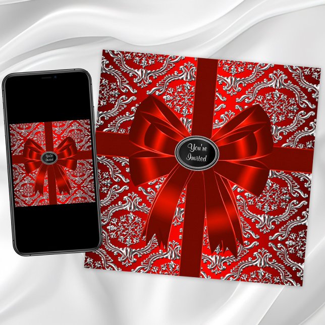 Invitation Fête de Noël d'entreprise Damassé Rouge Argent (Rd silver any occasion invitation. Instant download and printed invitations available.)