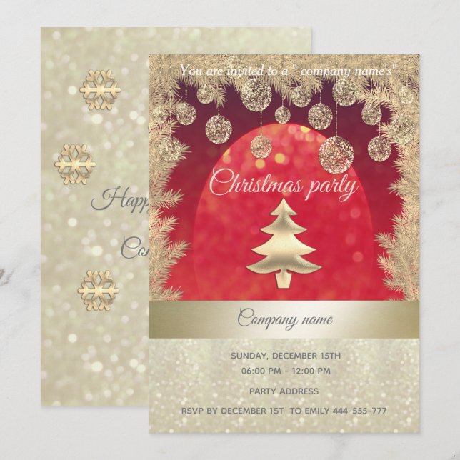 Invitation fête de Noël d'entreprise de gloire d'or/rouge (Devant / Derrière)