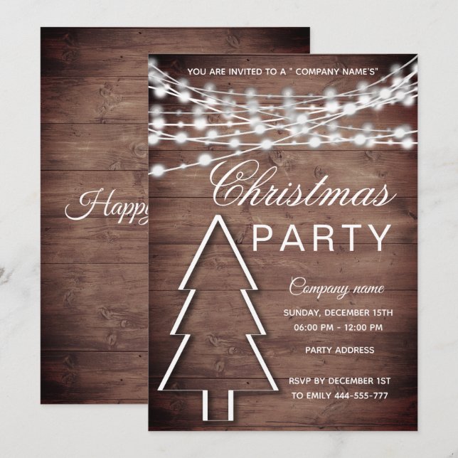 Invitation Fête de Noël d'entreprise en bois rustique (Devant / Derrière)