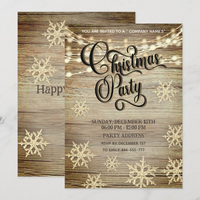 Invitation Fête de Noël d'entreprise en or de bois rustique (Devant / Derrière)