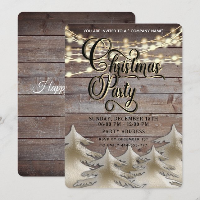 Invitation Fête de Noël d'entreprise en or de bois rustique (Devant / Derrière)