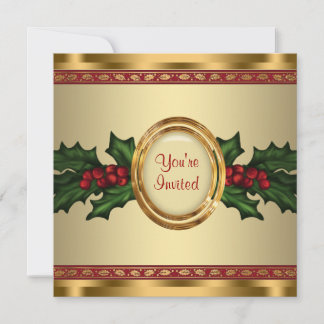 Invitation Fête de Noël d'entreprise Red Gold Holly