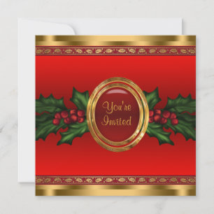Invitation Fête de Noël d'entreprise Red Gold Holly