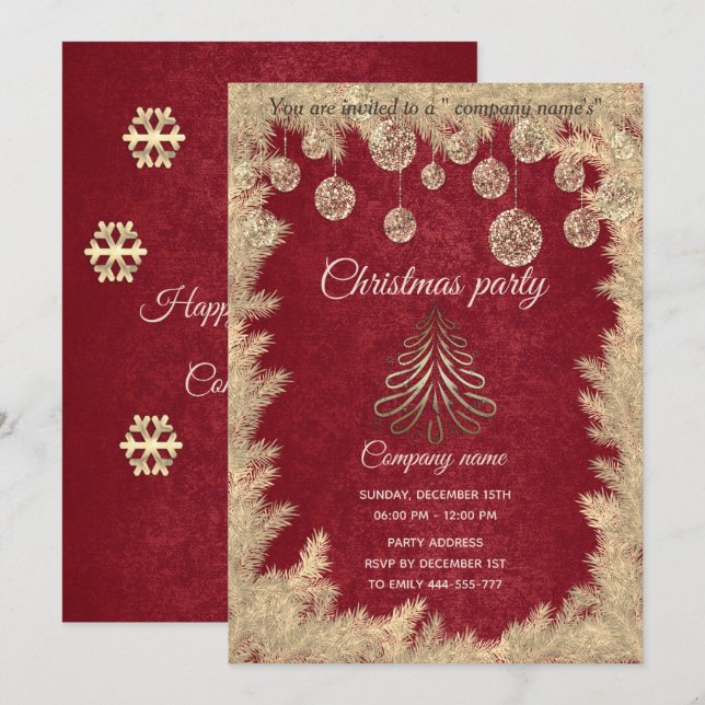 Invitation Fête de Noël d'entreprise rouge or (Devant / Derrière)