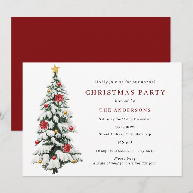 Invitation Fête de Noël des arbres traditionnels rouges (Devant / Derrière)