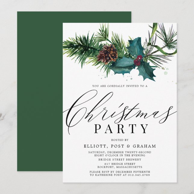 Invitation Fête de Noël des entreprises Holly et Pine (Devant / Derrière)