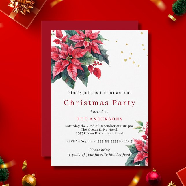 Invitation Fête de Noël des fleurs rouges Poinsettia (Créateur téléchargé)
