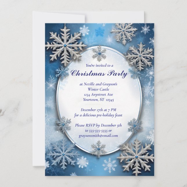 Invitation Fête de Noël des flocons de neige bleus et argenté (Devant)