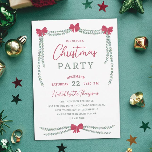 Invitation Fête de Noël des Garlands à la Bow rouge (Créateur téléchargé)