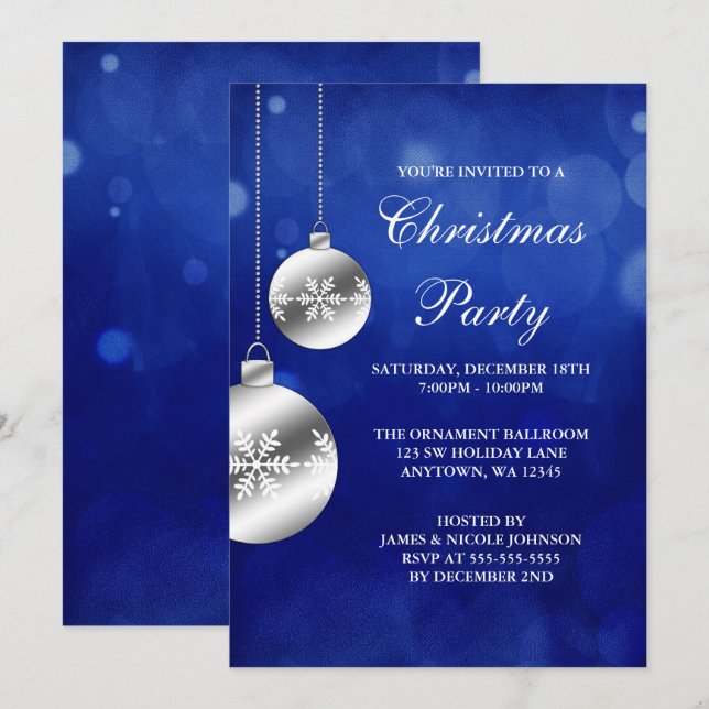 Invitation Fête de Noël des Ornements d'argent du Blue Bokeh (Devant / Derrière)