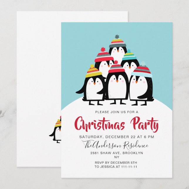 Invitation Fête de Noël des pingouins amusants (Devant / Derrière)
