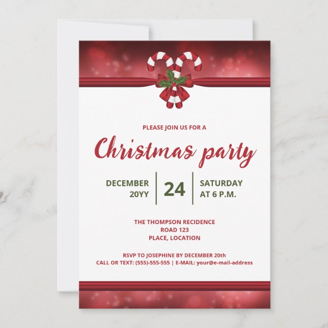 Invitation Fête de Noël des Sucres de canne rouges et blancs (Devant)