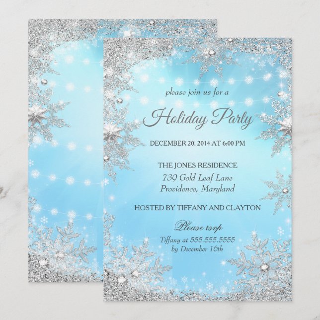 Invitation Fête de Noël d'hiver en argent bleu (Devant / Derrière)