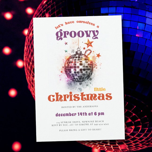 Invitation Fête de Noël Discothèque super Little Christmas (groovy little christmas ball bauble hippie 70s nostalgia retro vintage party invitation)