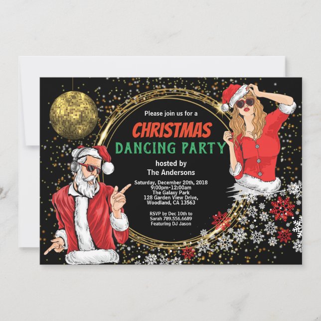Invitation Fête de Noël DJ disco danse sale père Noël or (Devant)