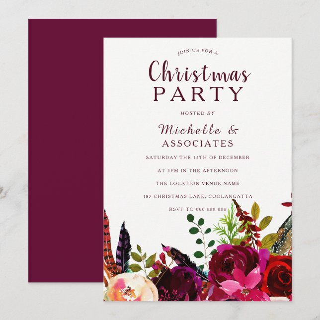 Invitation Fête de Noël du Boho Rouge Bourgogne (Devant / Derrière)