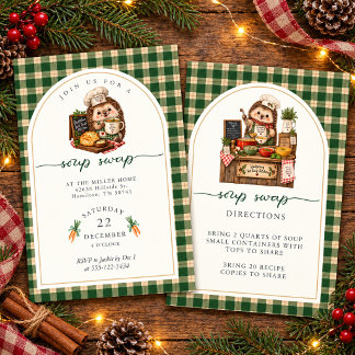 Invitation Fête de Noël du hérisson au plaid vert
