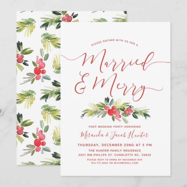 Invitation Fête de Noël du Mariage Marié & Joyeux Post (Devant / Derrière)