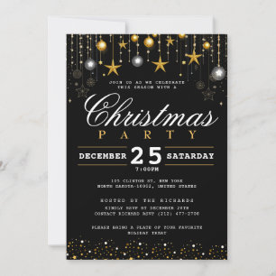Invitation Fête de Noël Elegant Black Gold Parties scintillan