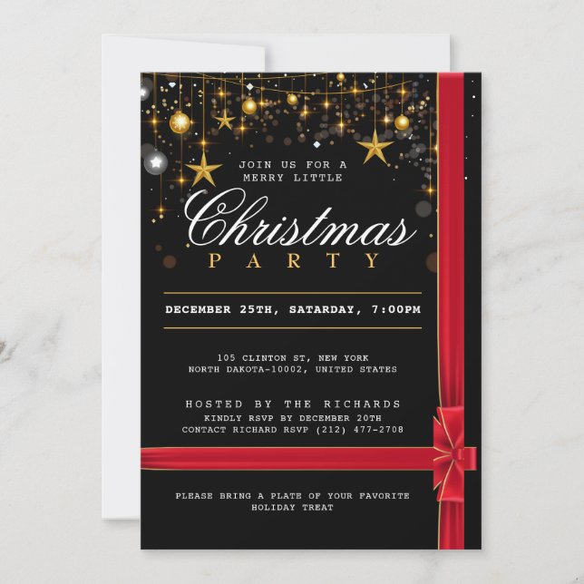 Invitation Fête de Noël Elégant Black Red Bow (Devant)