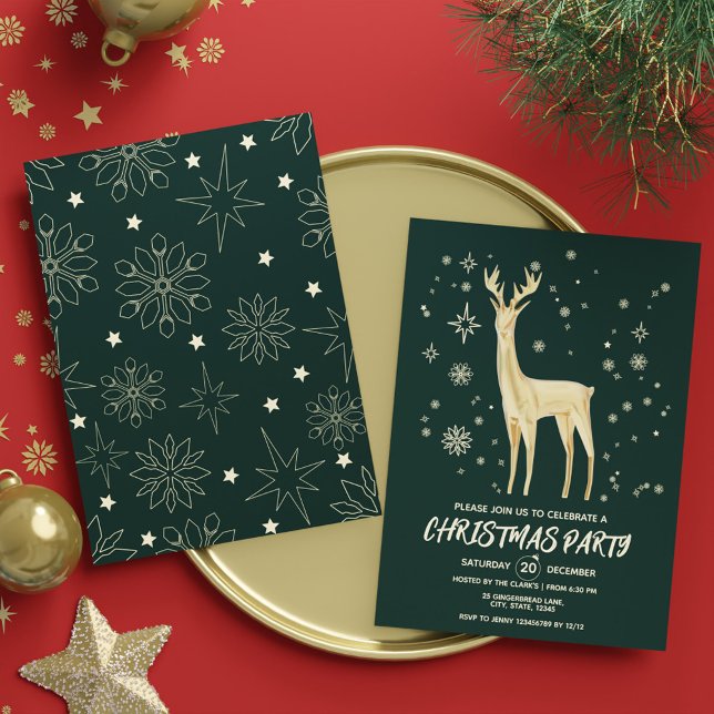 Invitation Fête de Noël Elégant Cerf Vert foncé et Or (Modern Dark Green and Gold Elegant Deer Xmas Party Invitation)