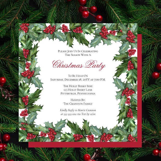 Invitation Fête de Noël Elegant Holly et Berries (Créateur téléchargé)
