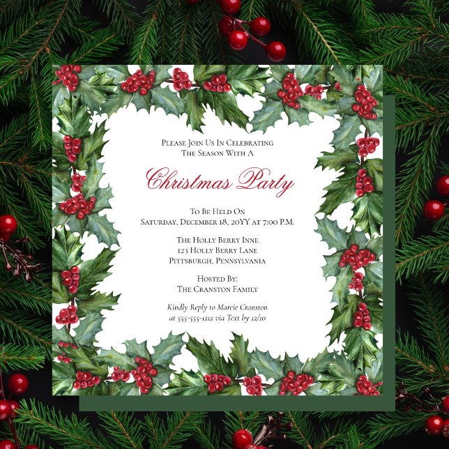 Invitation Fête de Noël Elegant Holly et Berries (Créateur téléchargé)