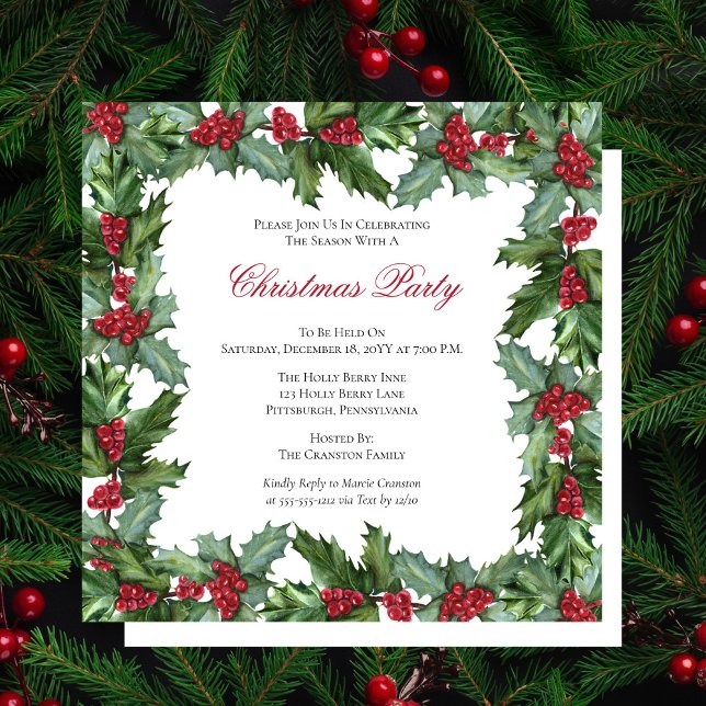 Invitation Fête de Noël Elegant Holly et Berries (Créateur téléchargé)