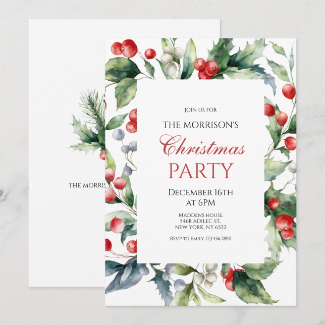 Invitation Fête de Noël Elegant Holly et Berries (Devant / Derrière)