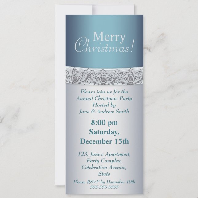 Invitation Fête de Noël élégante en argent et en bleu Invitat (Devant)