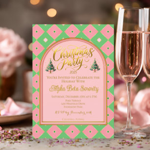 Invitation Fête de Noël élégante en rose et vert à motif harl