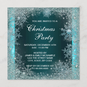 Invitation Fête de Noël élégante flocon de neige bleu sarcell