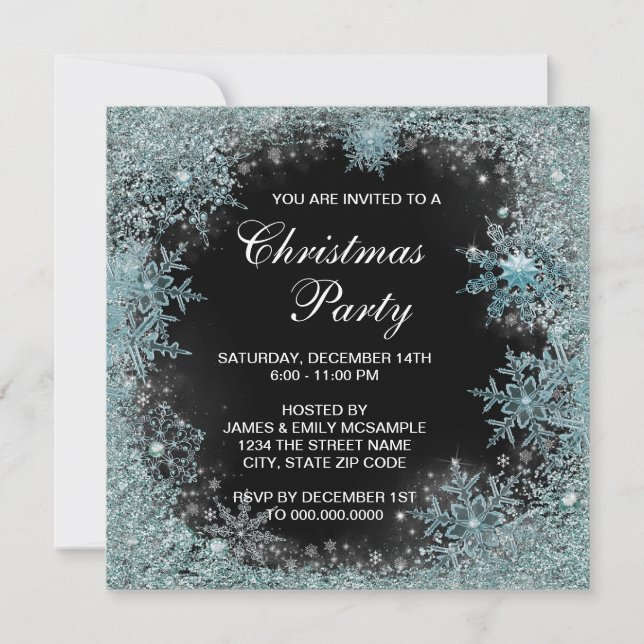 Invitation Fête de Noël élégante flocon de neige bleu sarcell (Devant)
