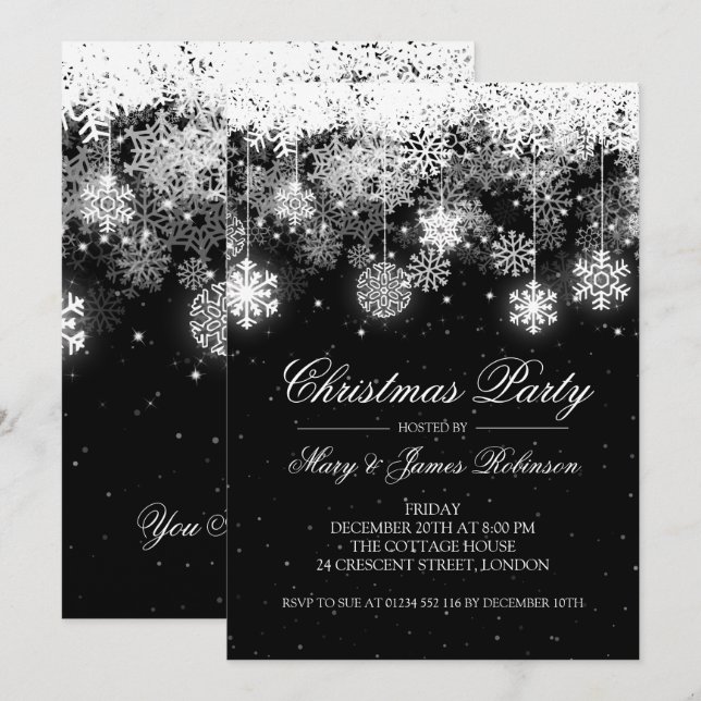 Invitation Fête de Noël élégante Ornements d'hiver Noir (Devant / Derrière)