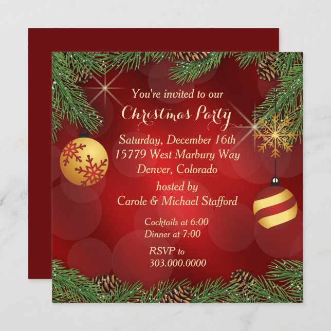 Invitation Fête de Noël élégante rouge et or (Devant / Derrière)