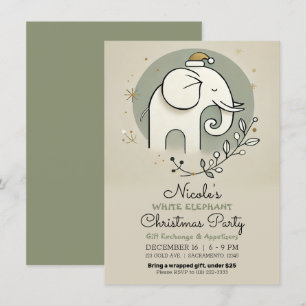 Invitation Fête de Noël éléphant blanc vert beige or