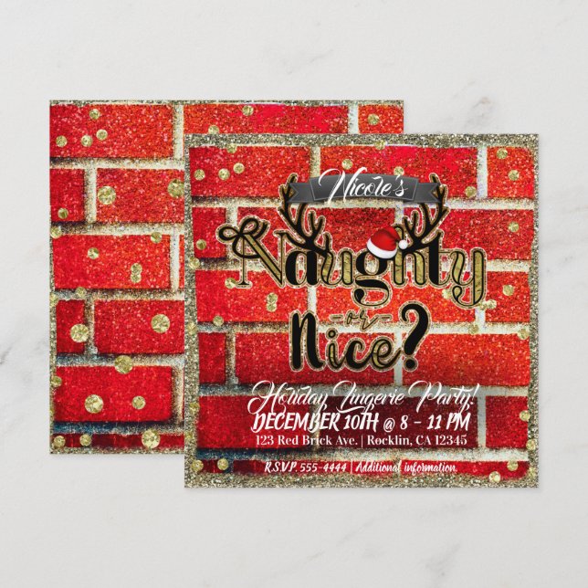 Invitation Fête de Noël en briques rouges et paillettes: méch (Devant / Derrière)
