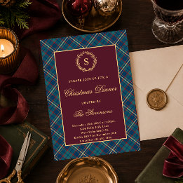 Invitation Fête de Noël en burgundy à carreaux monogramme cla