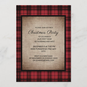 Invitation Fête de Noël en burlap à carreaux de Buffalo rusti