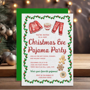 Invitation Fête de Noël en pyjama avec biscuits et chocolat c