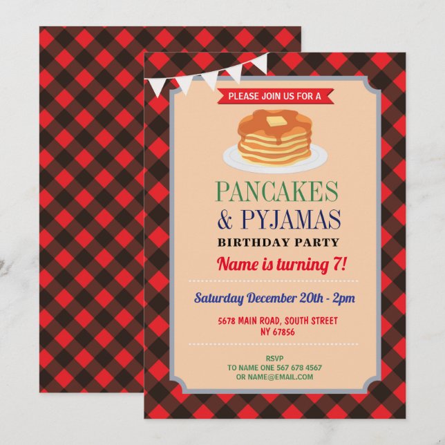 Invitation Fête de Noël en pyjama Pancakes & Pajamas Rouge (Devant / Derrière)