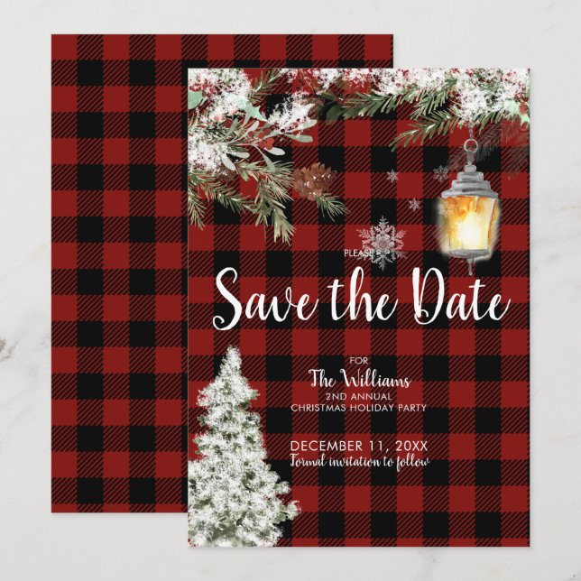 Invitation Fête de Noël enneigée Snowy Plaid Enregistrer la d (Devant / Derrière)